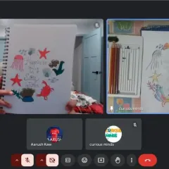 This student is sharing her ocean-themed doodle art during our online class. It's wonderful to see creativity blooming through the screen.