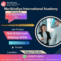 We connect our students with top brands. Here's a hiring post for a Nail Artist cum Makeup Artist position in Rajouri Garden, an excellent opportunity for our multi-skilled graduates.