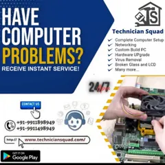 Facing computer troubles? We provide instant and effective solutions. This graphic highlights some of our core on-site services, from complete computer setup and hardware upgrades to virus removal and fixing broken screens, all available 24/7.