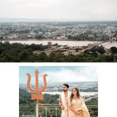 A two-part photo showing the couple with a large Trishul, overlooking the expansive city of Rishikesh and the Ganga river. This shot connects their personal story to the spiritual landscape of the holy city.