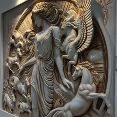 A side view that highlights the high relief of the sculpture. The figures of the goddess and horses project significantly from the background, creating dramatic shadows.