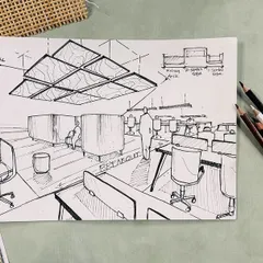 A quick concept sketch is where it all begins. This drawing visualizes an open-plan office with defined zones, helping us map out the layout and flow before moving to digital design.