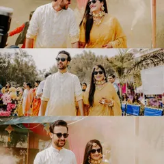 The grand entrance of the couple at their Haldi. This collage shows Sonali and Hemant walking in with style, ready to kick off the celebrations with their friends and family.