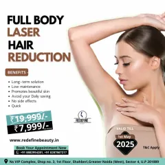 Our full body laser hair reduction package offers a long-term solution to unwanted hair. This offer provides significant savings, making it a cost-effective choice compared to years of waxing.
