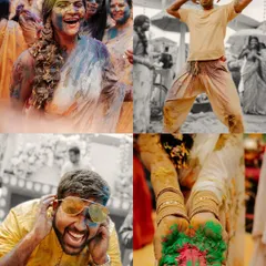 When a Haldi ceremony turns into a vibrant color festival. This collage shows the pure, unadulterated fun of a modern celebration, capturing the laughter, dancing, and colorful chaos that make these moments so memorable.