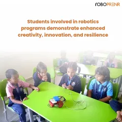 A group of young learners focused on their first robot. Our programs are designed to enhance creativity, innovation, and resilience from an early age, building a strong foundation for future learning.