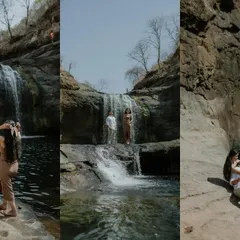 A collage of three moments from a waterfall couple session. It shows a range of poses, from standing portraits to a relaxed, intimate embrace on the rocks.