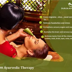 Nasyam therapy, shown here, is based on the belief that the nose is the gateway to the brain. This treatment helps cure migraines, sinus issues, and revitalizes the nervous system.