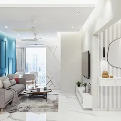 For this living room, I created a bold accent wall in a deep teal with decorative molding for a touch of classic elegance. The rest of the space is kept bright and minimal with white walls, marble-finish flooring, and a sleek floating console table to maintain a sense of openness.