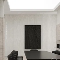 In this modern conference room, a rectangular stretch fabric light is installed flush with the ceiling. It delivers perfect, shadow-free light for meetings and presentations, enhancing the professional and minimalist aesthetic.