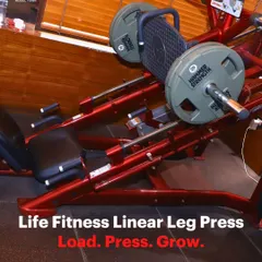 The Life Fitness Linear Leg Press. This machine allows you to load heavy weight to build serious lower body strength in your quads, glutes, and hamstrings, with built in safety features.