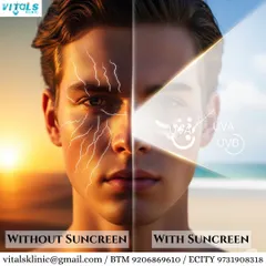 This visual demonstrates the critical importance of sunscreen. The left side shows skin damage caused by unprotected sun exposure, while the right shows skin protected by SPF. Daily use of broad-spectrum sunscreen is the single most important step in preventing pigmentation and premature aging.