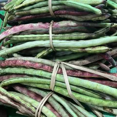 Bundles of fresh long beans, a mix of green and purple varieties. These are great for stir-fries or as a side dish, often cooked with fermented ingredients.