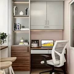 This is another view of the same compact study unit, showing how the design integrates a bookshelf and closed storage. The combination of light grey and wood laminate creates a modern and clean aesthetic.