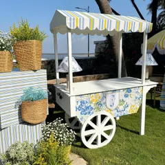 A custom-built cart for the Mundan ceremony, decorated with floral patterns and a striped awning, perfect for serving drinks or displaying gifts.