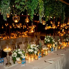 A candlelit dinner under the stars in Goa. I used hundreds of candles and hanging glass orbs to create an incredibly romantic and intimate atmosphere for this rustic-themed reception dinner.