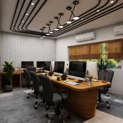 This 3D visualization showcases a modern, collaborative workspace designed for team synergy. The unique overhead lighting tracks and spacious central table are planned to boost productivity and reflect a forward-thinking brand identity.