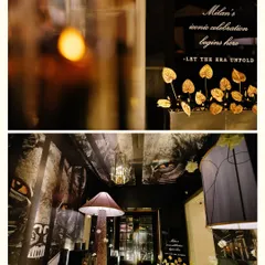 A collage of details from the "Dark Club" party entrance, featuring a custom welcome sign, mushroom-shaped lamps, and thematic wallpaper with panther eyes, creating an immersive and mysterious atmosphere.