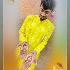 A happy groom showing his personalized portrait mehndi. This style is perfect for grooms who want to celebrate their partnership with custom art of themselves and their bride-to-be.