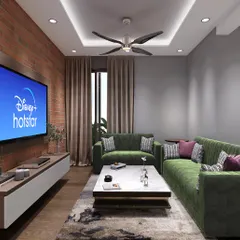 Another angle of the exposed brick living room, this view shows the balance of textures and colors. The warm wood tones, plush sofa, and marble-top coffee table come together to create a comfortable and stylish entertainment zone.