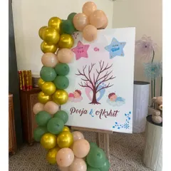A personalized welcome board for a baby shower, which also doubles as a fun gender reveal game for the guests.