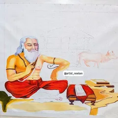 An in-progress shot of a 3x7 feet painting. The figure of the Guru is beginning to take shape against the vast, unpainted canvas, a quiet moment before the full story is told.