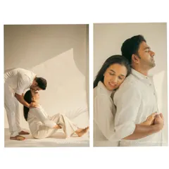 A collage from a minimalist studio session, showing different angles of a couple's gentle interaction. The all white theme creates a peaceful and artistic feel.