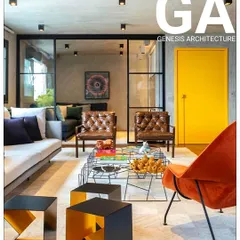 We love playing with color and texture to create vibrant interiors. In this space, a bold yellow door, rich leather chairs, and geometric furniture come together to form a modern and inviting atmosphere that feels full of life.
