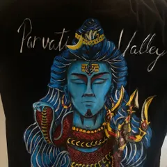 Here is the jacket being worn, showing how the powerful image of Lord Shiva fits on the back. The 'Parvati Valley' script adds a personal touch for the client.