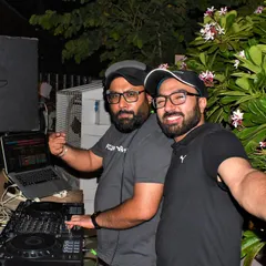 A selfie with my partner DJ Mann'e during a Saturday night gig. We bring a combined energy that makes our duo sets perfect for high-energy clubbing and Bollywood nights.