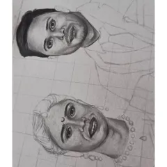 A work-in-progress view of the couple portrait. You can see the grid lines I use to ensure accurate proportions and the initial layers of shading that bring their faces to life.