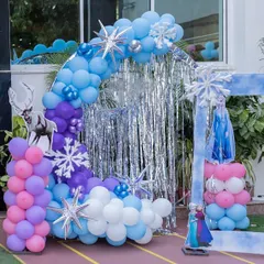 The full entrance setup for a Frozen birthday party. I use snowflake decorations, a silver tinsel curtain, and a character-filled photo frame to transport guests to Arendelle.