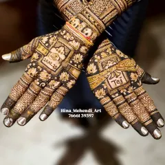 A close-up showing personalized details like the wedding date '20.02.23' and the groom's name 'Tej' elegantly incorporated into the traditional bridal mehendi.