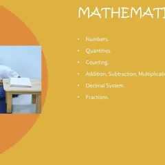 Our approach to mathematics is concrete and hands-on. This graphic explains how we introduce concepts like numbers, quantities, and the decimal system using tangible materials.