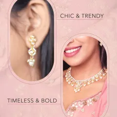 A look at our chic and timeless traditional jewellery. This collage features delicate pearl drop earrings and a beautiful kundan necklace set, perfect for pairing with a soft, elegant ethnic outfit.