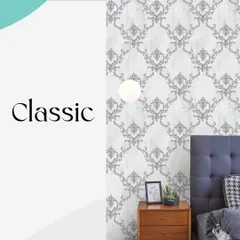 This classic damask wallpaper is a perfect choice for a sophisticated bedroom. The grey and white color palette offers a modern take on a traditional design, creating a look that is both timeless and elegant.