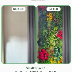From a plain wall to a vibrant work of art. This before and after shows how our artificial vertical green walls can completely transform a small space, adding texture, color, and a touch of nature without taking up any floor space.