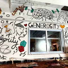 This part of the hostel mural highlights virtues like "Integrity" and "Generosity." The artwork is designed to be a constant reminder of the values that are important for personal and professional growth, especially for students preparing for their careers.
