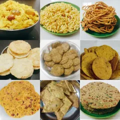 This picture gives you a glimpse of the wide variety of dry and fresh snacks I prepare. It features everything from Poha Chevda and Mamra to Farsi Puri, Bajra Vada, and different types of Thepla.