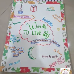This is a custom book I created called "Words to Live By," filled with motivational quotes from actor Vijayendra Kumeria's interviews. The cover and pages are all hand-drawn and designed.