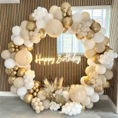 For an elegant and modern look, I created this stylish balloon ring using white, beige, and gold chrome balloons. The setup is completed with a "Happy Birthday" neon sign and decorative dried grass.