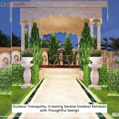 Outdoor tranquility is achieved with thoughtful design. This concept shows a serene outdoor retreat with classical pillars, lush greenery, and a cozy seating area, creating a timeless and elegant escape.