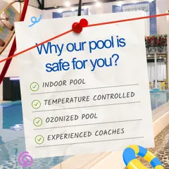 Wondering why our pool is so safe and comfortable? It's because it's an indoor, temperature-controlled, ozonized pool with experienced coaches.
