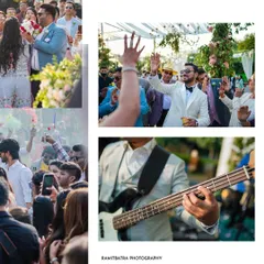 A collage capturing the lively atmosphere of a day party, with guests dancing and a live band playing.