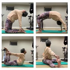 A beautiful flow of four movements, including Camel Pose, Wheel Pose, Bow Pose, and a seated twist. This demonstrates a dynamic back and hip opening sequence.