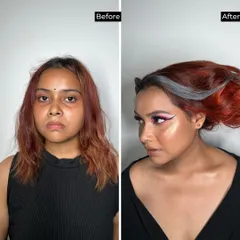 This before and after shows a complete metamorphosis. Our student used creative color and avant-garde styling to create a high-fashion, editorial look.