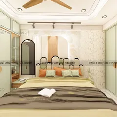 A 3D render of a kids' room designed to be a magical space. It features a unique, multi-arched headboard, ample wardrobe storage with glass panels, and a soft, playful color palette.