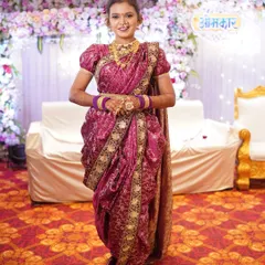 A full-length view of the readymade magenta Peshwai Nauvari. You can see how easy it is to wear, giving you a perfect drape every time.