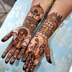 A closer look at a custom Karwa Chauth portrait design. On one hand, a romantic couple portrait under the full moon, and on the other, the traditional scene of a woman looking at the moon through a sieve.
