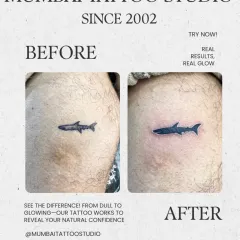 See the difference a professional touch-up makes. On the left is a faded, patchy shark tattoo. On the right is the same tattoo after we reworked it, featuring a solid black fill, clean outlines, and a vibrant look. We can revive your old ink and make it look brand new.